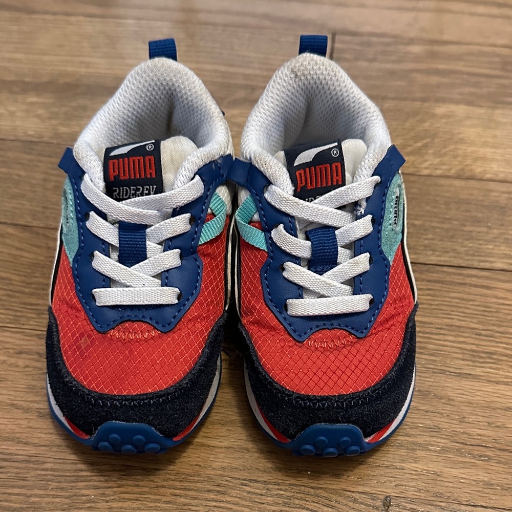 Puma RiderFV Toddler Red & Blue Trainer Sneakers with Mint Accents
